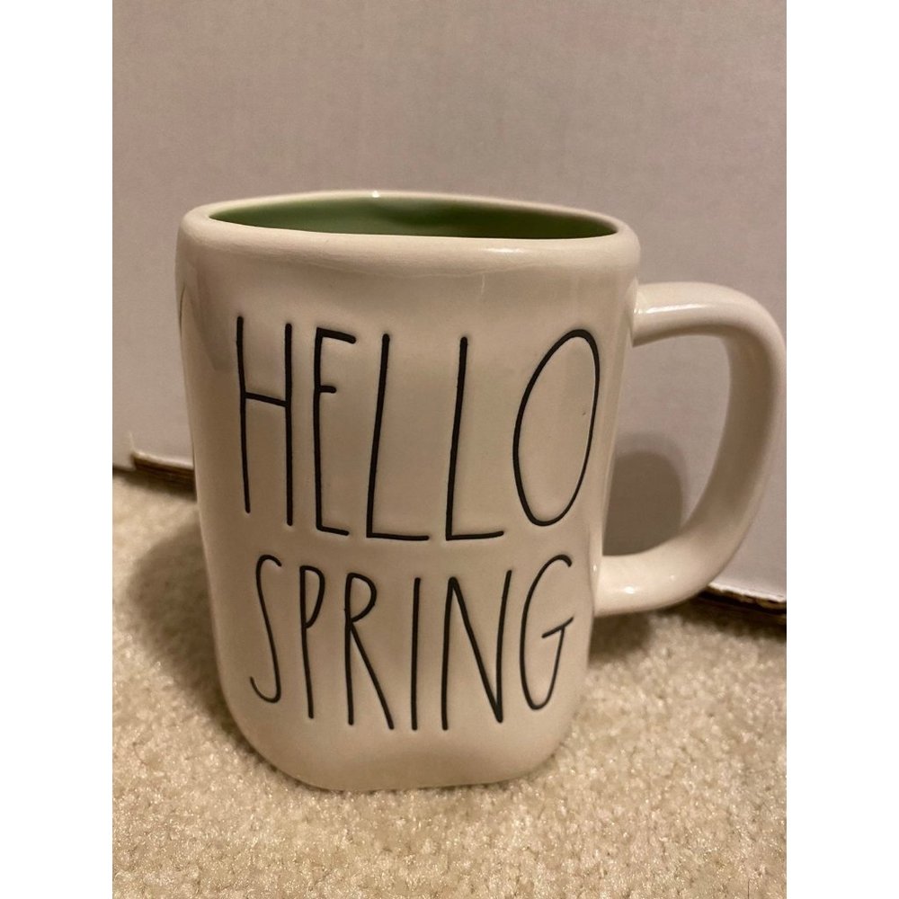 RAE DUNN “Hello Spring” Coffee Mug White & Green
